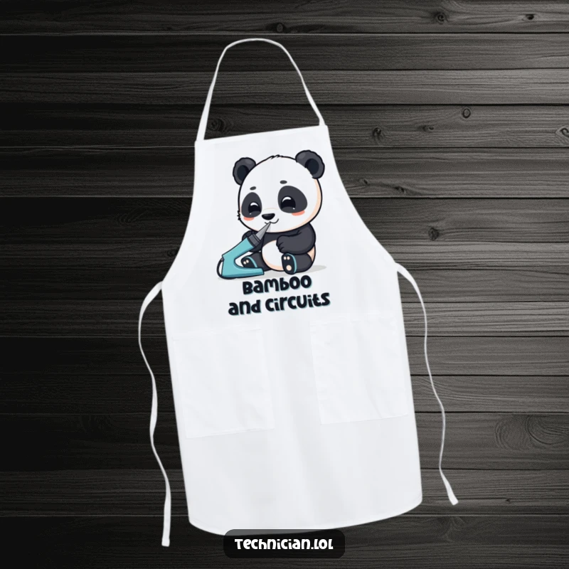 Funny apron showcasing an enthusiastic panda using a soldering iron with great focus, ideal for a clean and humorous crafting experience.