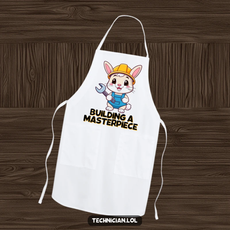 Funny bunny wearing a hard hat and holding a wrench, on a kitchen apron, ideal for a funny gift.