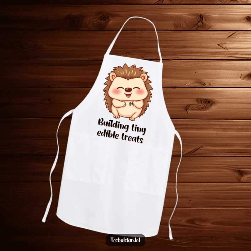 Funny apron featuring a giggling hedgehog carefully inserting a tiny component, ready to assist in the kitchen with humorous dedication and charm.