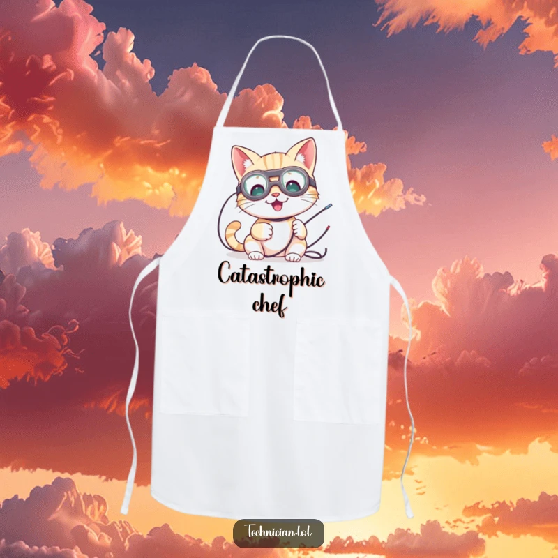 Funny apron with a cute cat wearing goggles, working on wires, ideal for kitchen or workshop.
