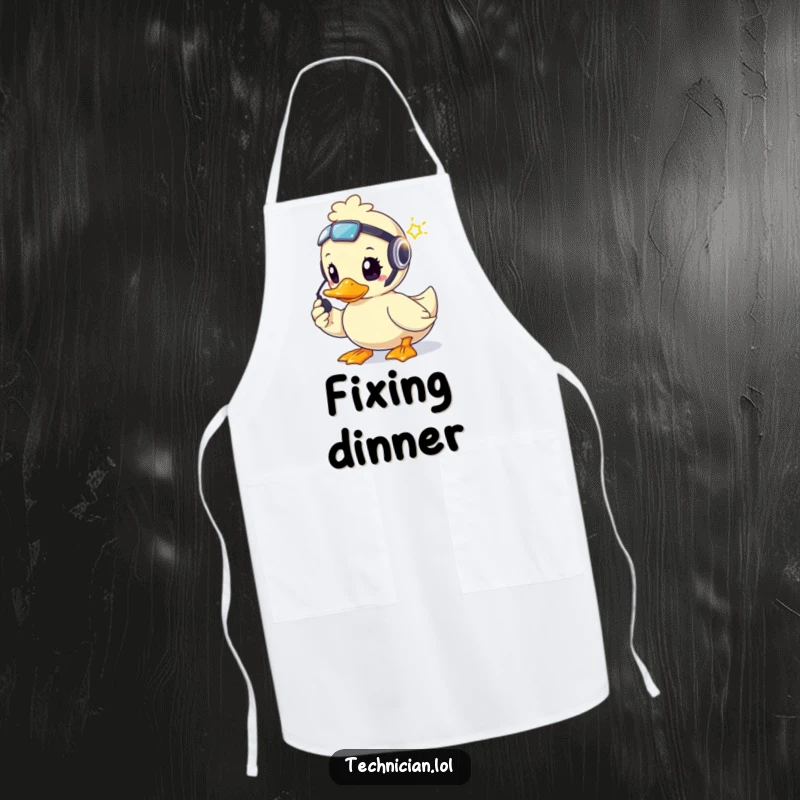 Funny brave duck wearing a headset, fixing a blinking light, on a functional apron.