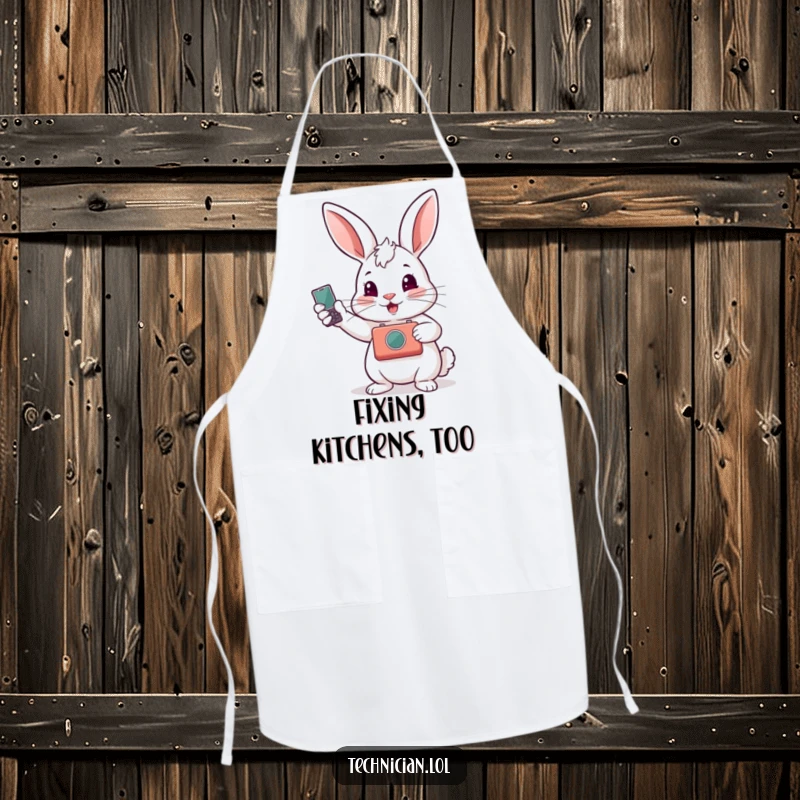 Funny apron with a proud rabbit proudly displaying a repaired gadget, perfect for kitchen tasks with a touch of fixer humor.