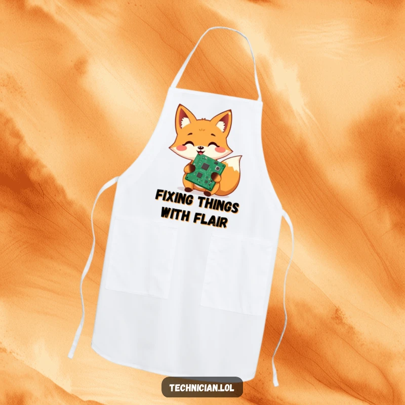 Funny apron, cheerful fox proudly showing a repaired circuit board, kitchen tech humor, DIY enthusiast accessory.