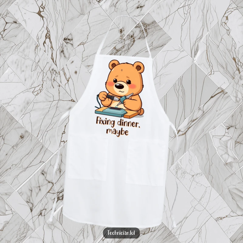 Funny Bear Apron showing a proud bear intensely focused on soldering, ready for any messy or precise task.