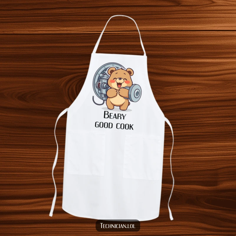 Funny apron with a happy bear tightening a screw on a complex machine, ideal for kitchen or workshop.