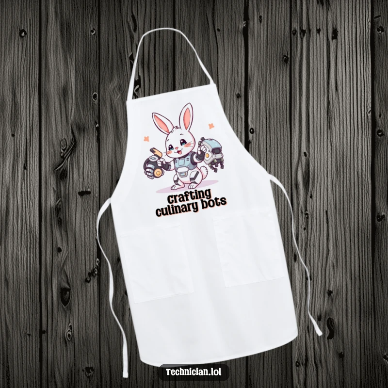 Funny bunny apron, a playful bunny assembling a robotic arm, ready for creative endeavors.