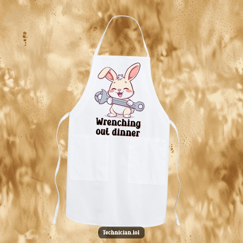 Funny bunny mechanic apron, a happy rabbit wearing an apron holds a wrench, ideal for kitchen fun.