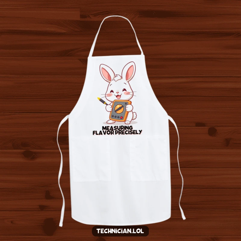Funny bunny wearing an apron and holding a multimeter, ready for kitchen tasks with a tech twist, a funny gift.