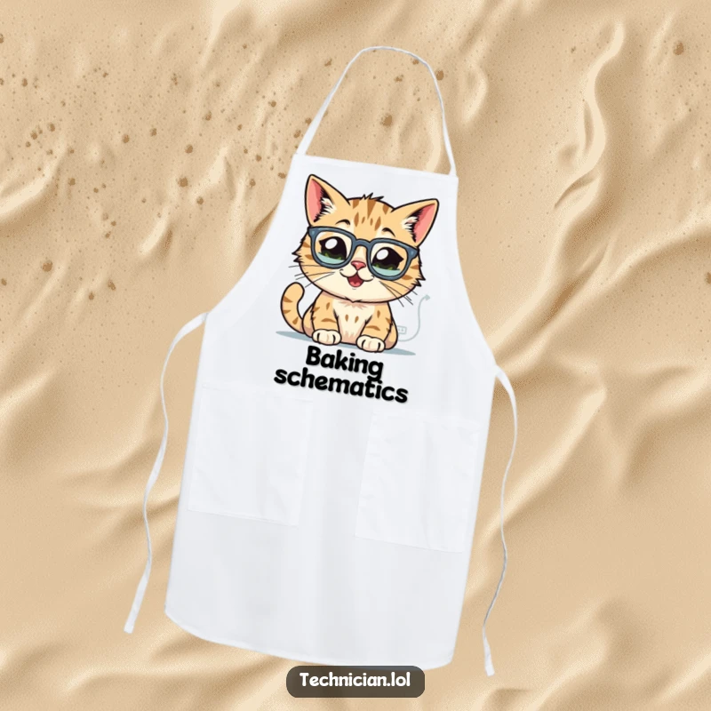 Funny cat apron, wearing glasses, intently studying glowing computer schematics, ready to cook up a storm.