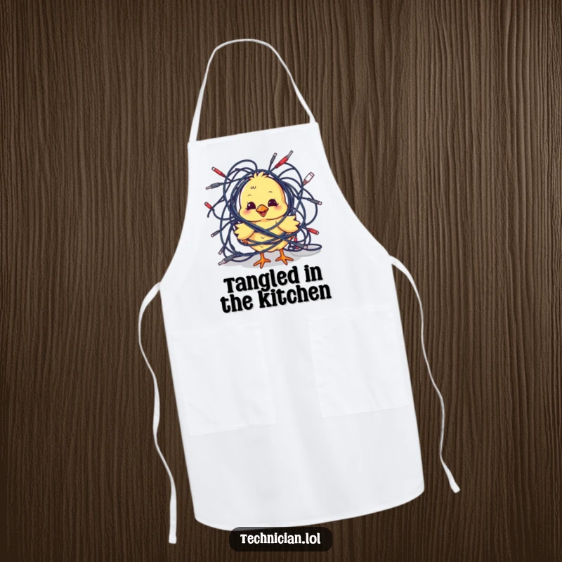 Funny Aprons: A playful chick comically tangled in cables keeps you clean with a side of adorable, tech-themed humor.