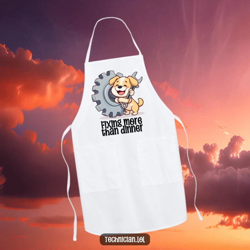 Funny dog apron, a happy dog with a wrench preparing to work on a large gear, ready for kitchen or garage duty.