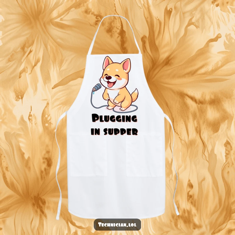 Funny dog apron design: an excited dog plugging a kitchen appliance cord into an outlet with great enthusiasm, symbolizing power.