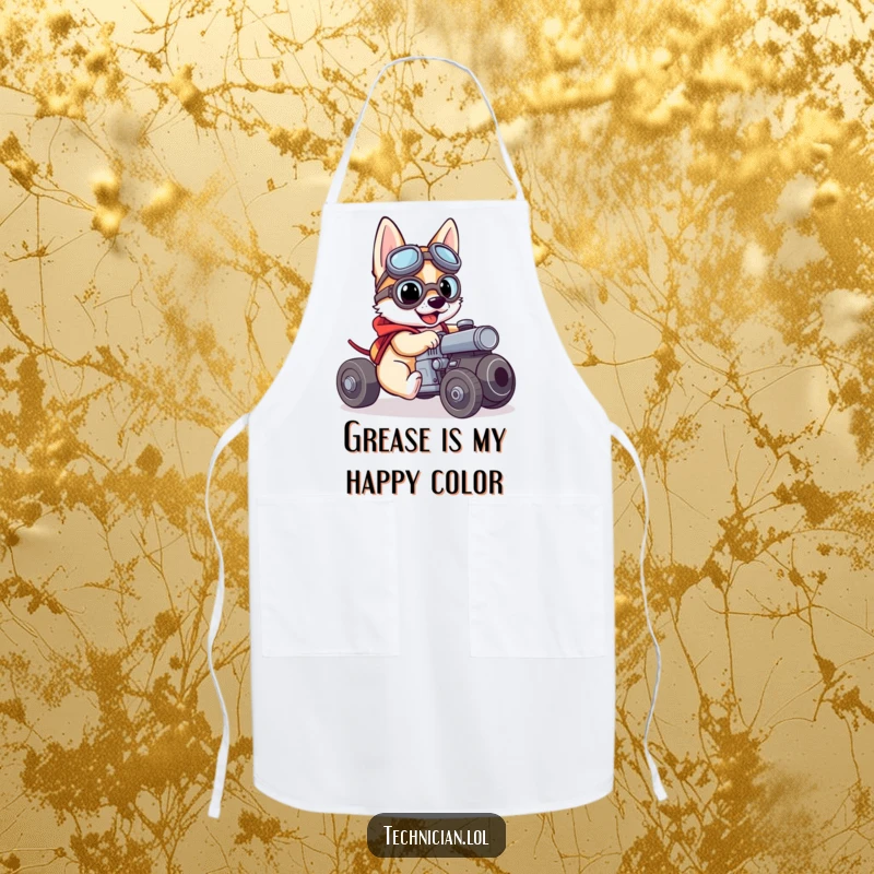 Funny apron with a brave dog wearing goggles, working on a small engine, ideal for cooking or DIY projects.