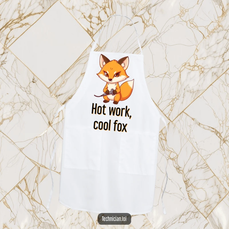 Funny apron with a determined fox holding a soldering iron, designed for crafters and DIY enthusiasts who need protection.