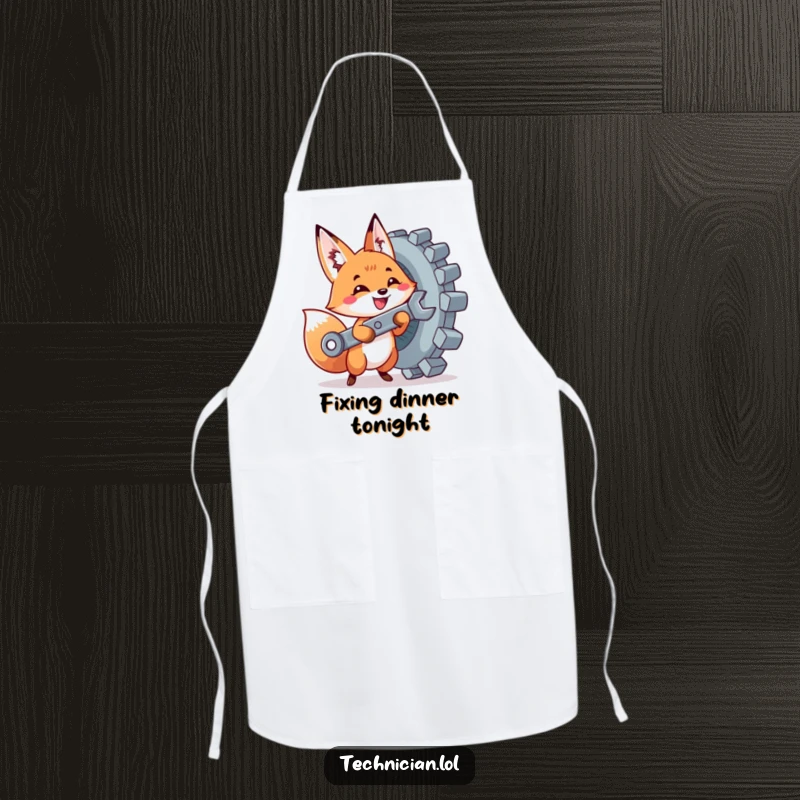 Funny apron showing a cute fox with a wrench tightening a giant bolt, designed for helpful and humorous kitchen activities.