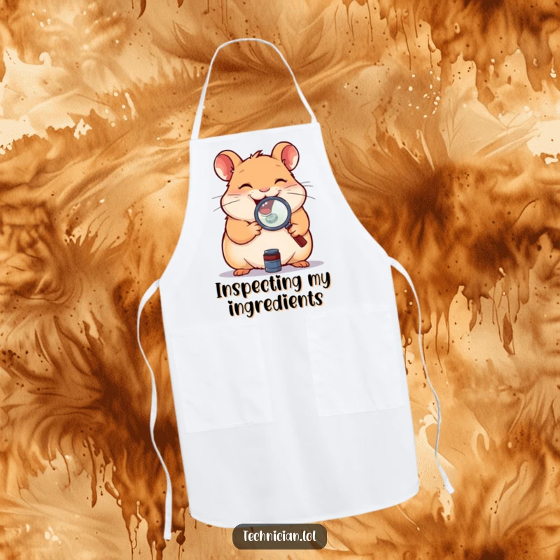 Funny apron depicting a giggling hamster examining a small component with a magnifying glass, a whimsical kitchen accessory.