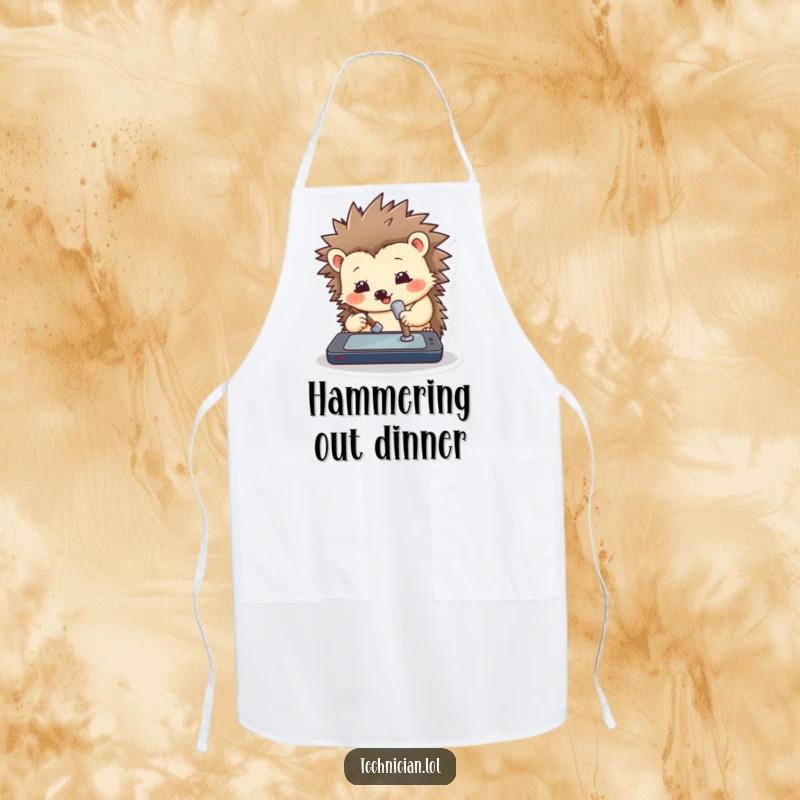 Funny hedgehog apron design: a hedgehog with a small hammer ready to fix a kitchen appliance, a humorous DIY cooking theme.