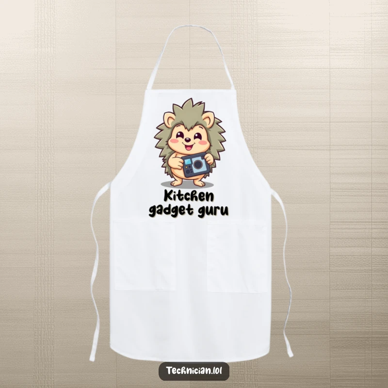 Funny apron showcasing a happy hedgehog holding a repaired gadget, smiling victoriously, perfect for a cheerful cooking experience.