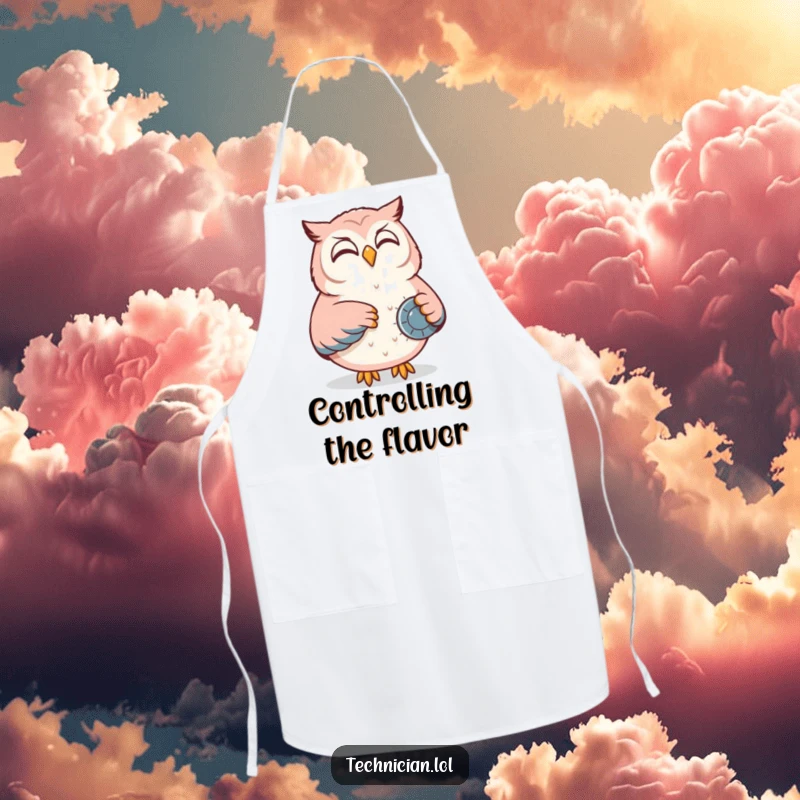 Funny apron depicting a content owl smiling while adjusting a dial on a control panel, a whimsical kitchen accessory.
