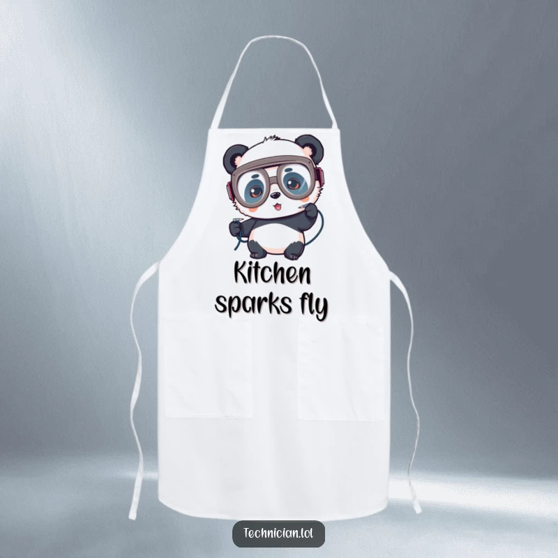 Funny apron, playful panda with soldering iron and goggles, electronics workshop, DIY accessory.