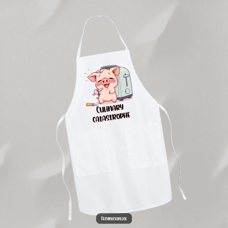 Funny apron with a giggling piglet and a screwdriver comically fixing a toaster, designed for kitchen fun and protection.