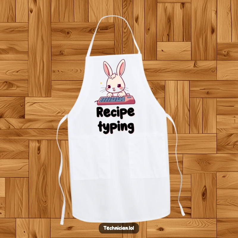 Funny rabbit apron, furiously typing on a keyboard, ready to create culinary masterpieces with speed and determination.