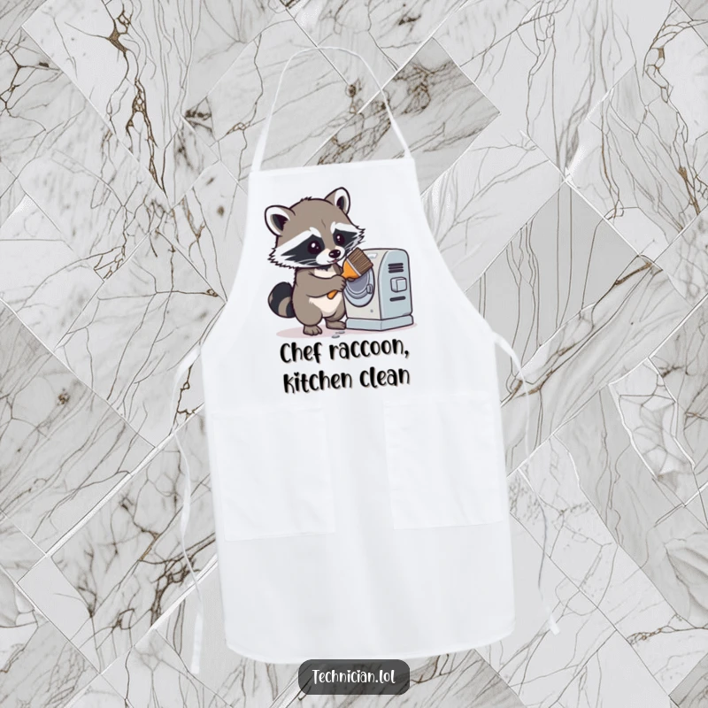 Funny apron with a determined raccoon cleaning a dusty machine with a brush, ready for kitchen duty with humorous dedication.