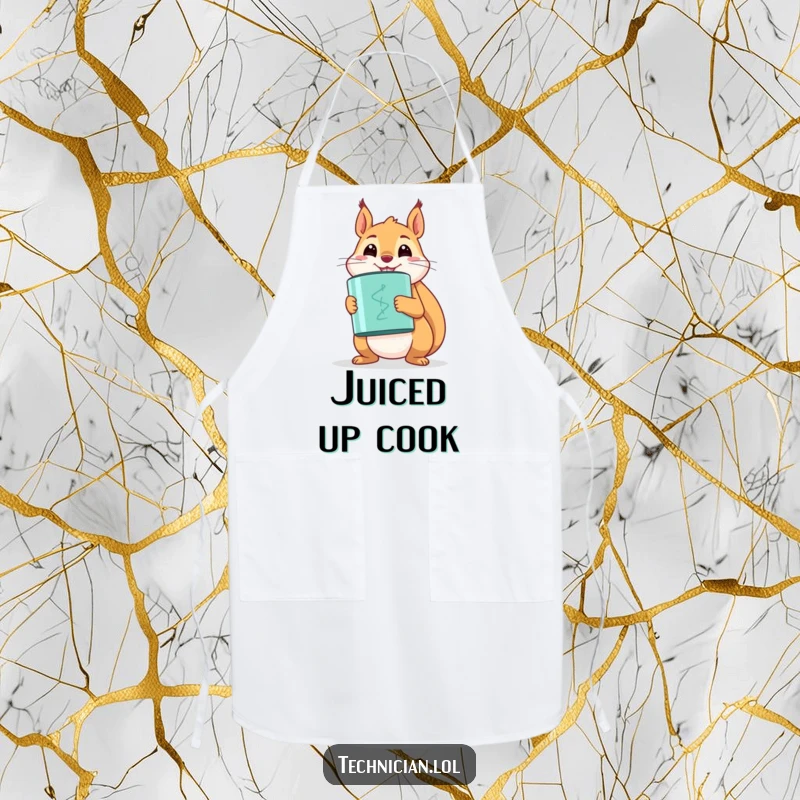 Funny happy squirrel proudly holding a large capacitor, ready to energize, on a functional apron.