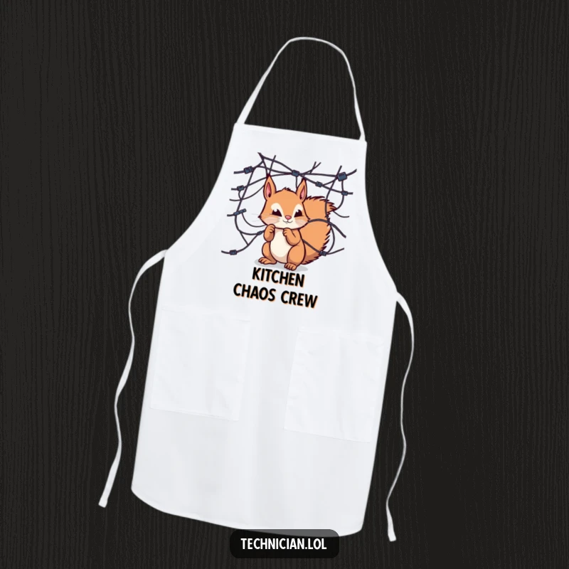 Funny apron, curious squirrel examining complex wires, tech workshop accessory, nature lover gift.