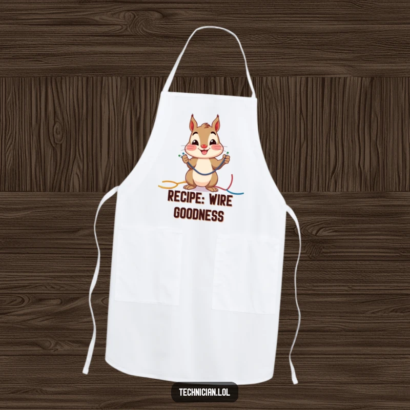 Funny cheerful squirrel smiling while connecting colorful wires, on a kitchen apron, ideal for a funny gift.