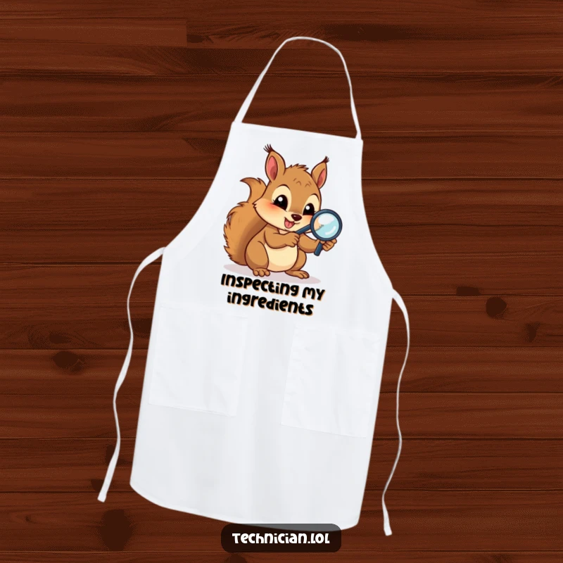 Funny Aprons: A gleeful squirrel intently examines circuits with a magnifying glass, keeping you clean with a side of sharp, tech-inspired humor.