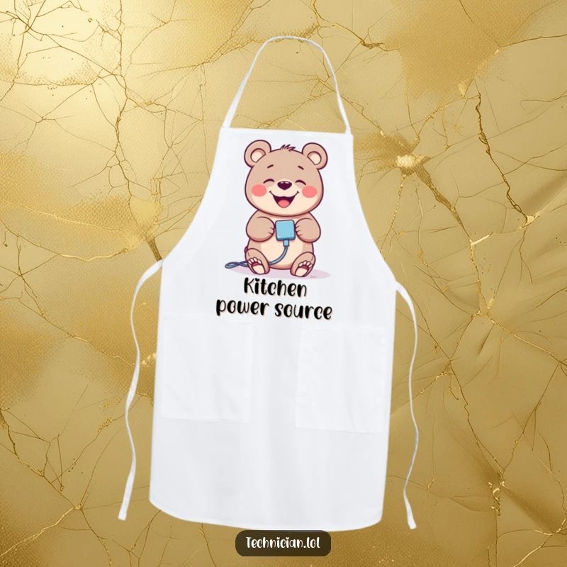 Funny bear wearing a satisfied grin, plugging in a cable, featured on a practical and amusing apron.
