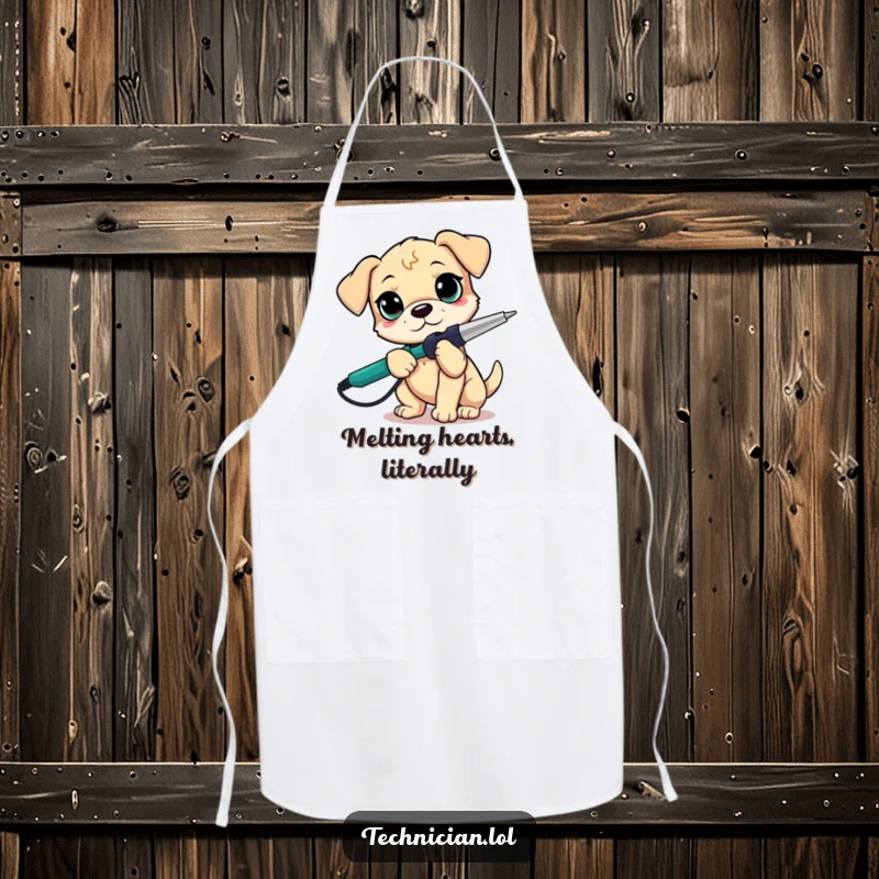 Funny puppy wearing an apron and holding a soldering iron, determined DIY theme, a funny gift.