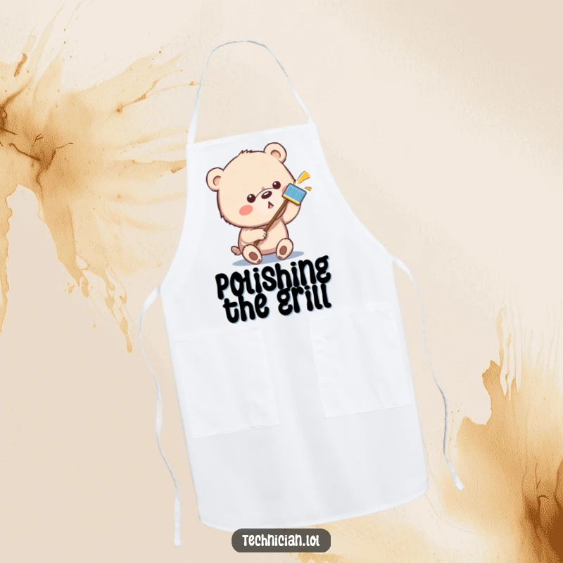 Funny bear apron design: a focused bear polishing a stainless steel countertop or appliance to a spotless shine, symbolizing clean.