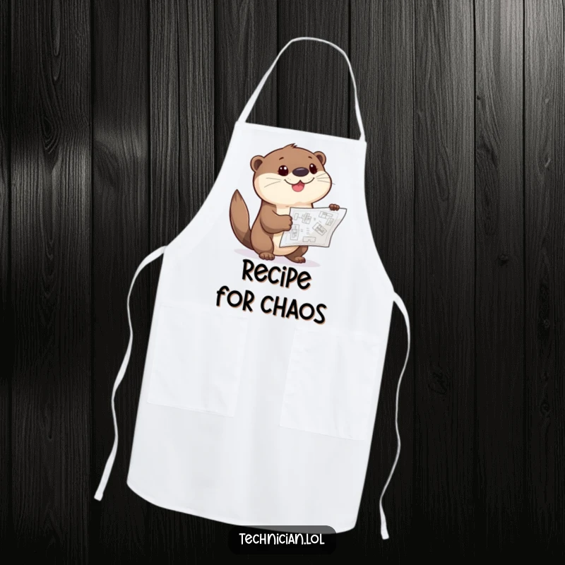 Funny Otter Apron showing a giggling otter pointing curiously at a blueprint, ready to plan any culinary creation.
