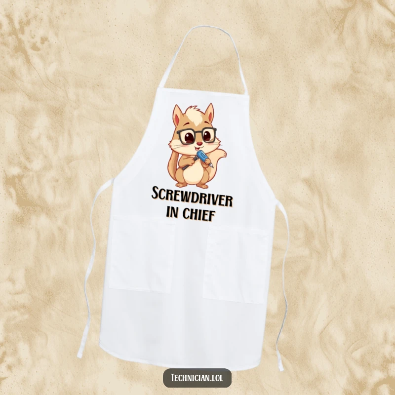 Funny apron featuring a curious squirrel holding a screwdriver, analyzing a gadget, ideal for a humorous and messy cooking experience.