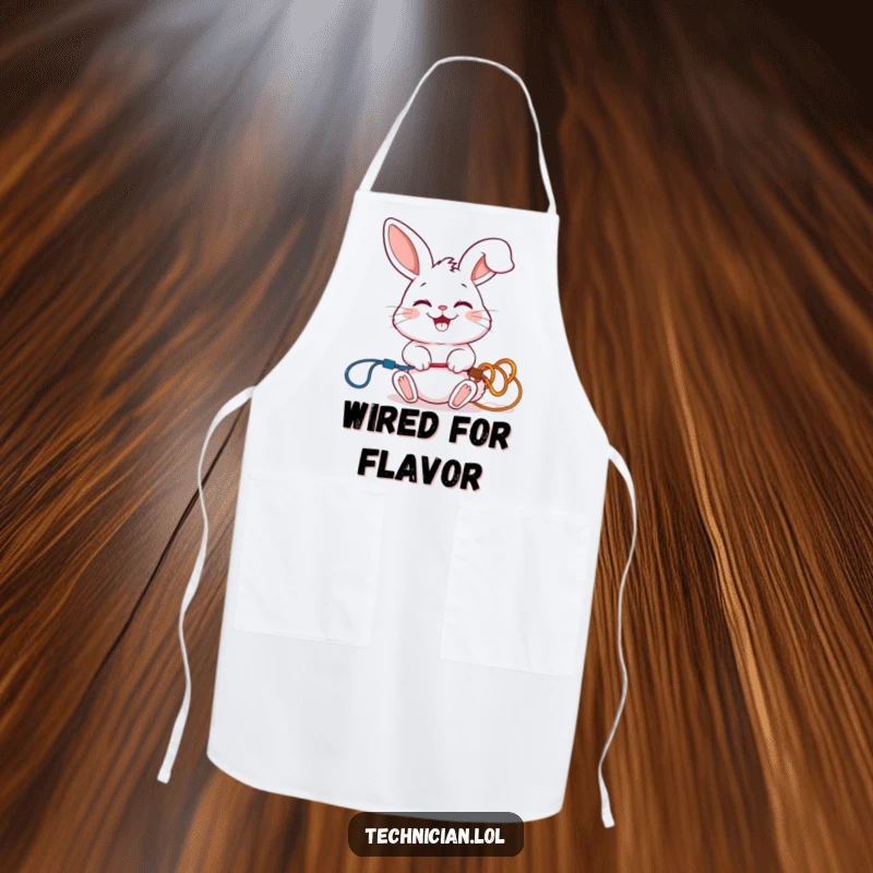 Funny apron with a giggling rabbit connecting colorful wires with a smile, ideal for kitchen or workshop.