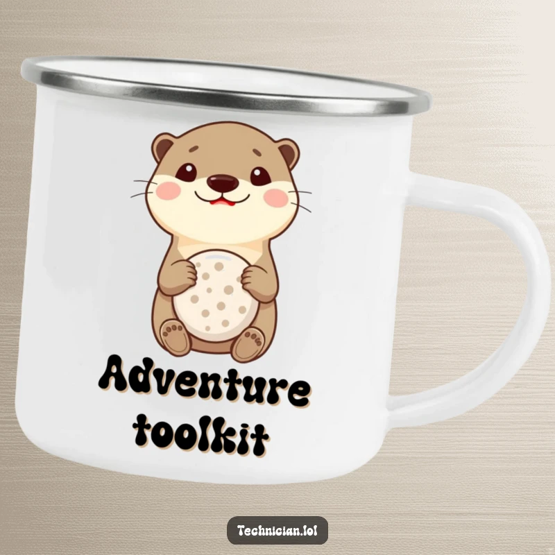Funny Otter Multitool Camping Mug: A curious otter smiles widely while holding a multitool, ideal for outdoor adventures and humor.