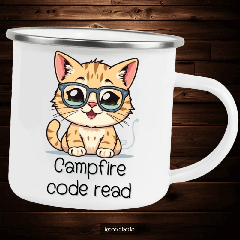 Funny cat camping mug, wearing glasses, intently studying glowing computer schematics, ready for any challenge.