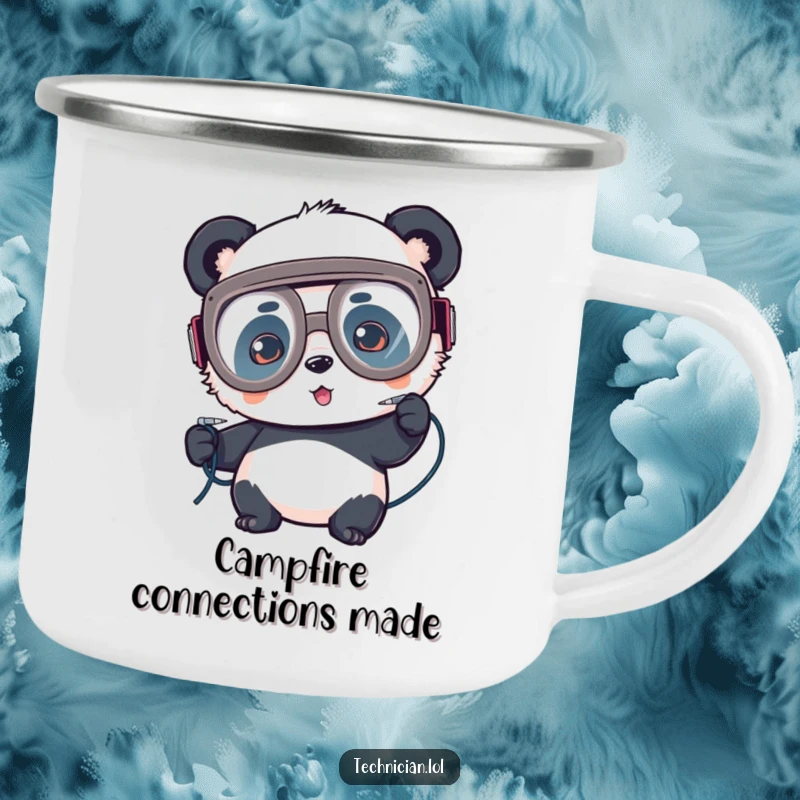Funny camping mug, panda in goggles soldering wires, focused outdoorsman, rugged tech humor.