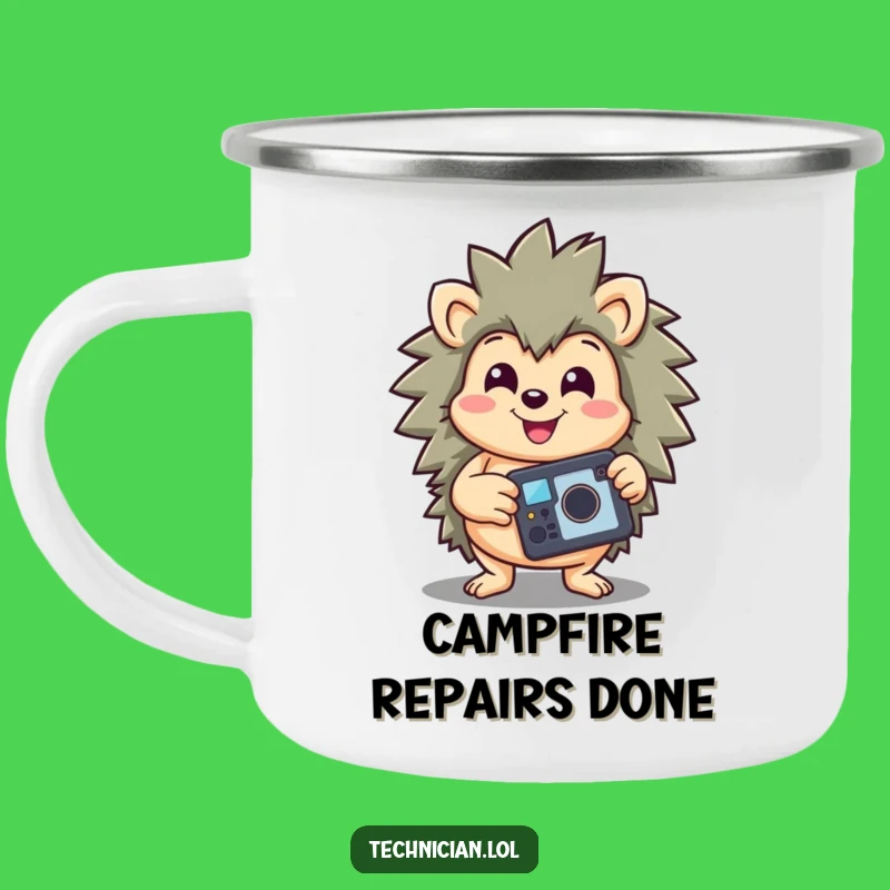 Funny Hedgehog Camp Mug: Durable Hedgehog with Repaired Gadget, Rugged Funny Gift
