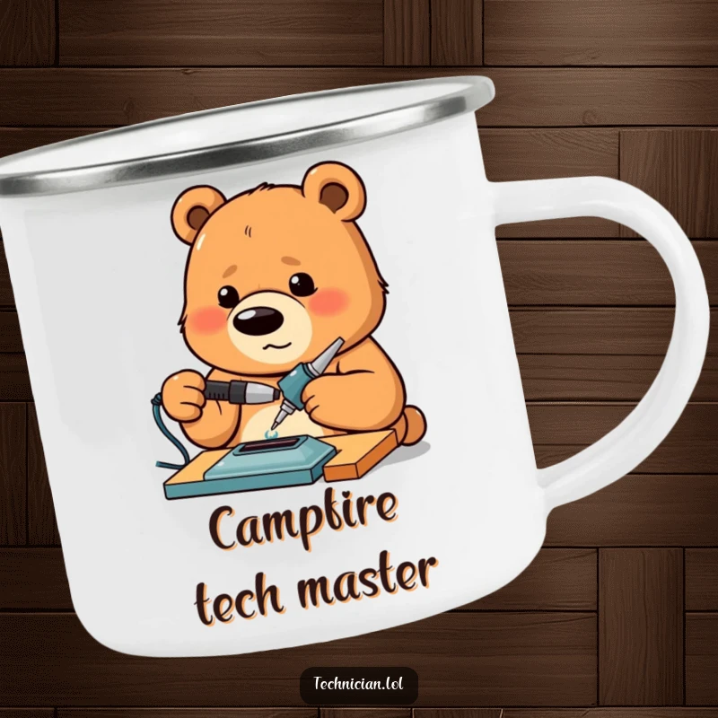 Funny Bear Camping Mug showing a proud bear intensely concentrated on soldering, built for rugged adventures and maker spirit.