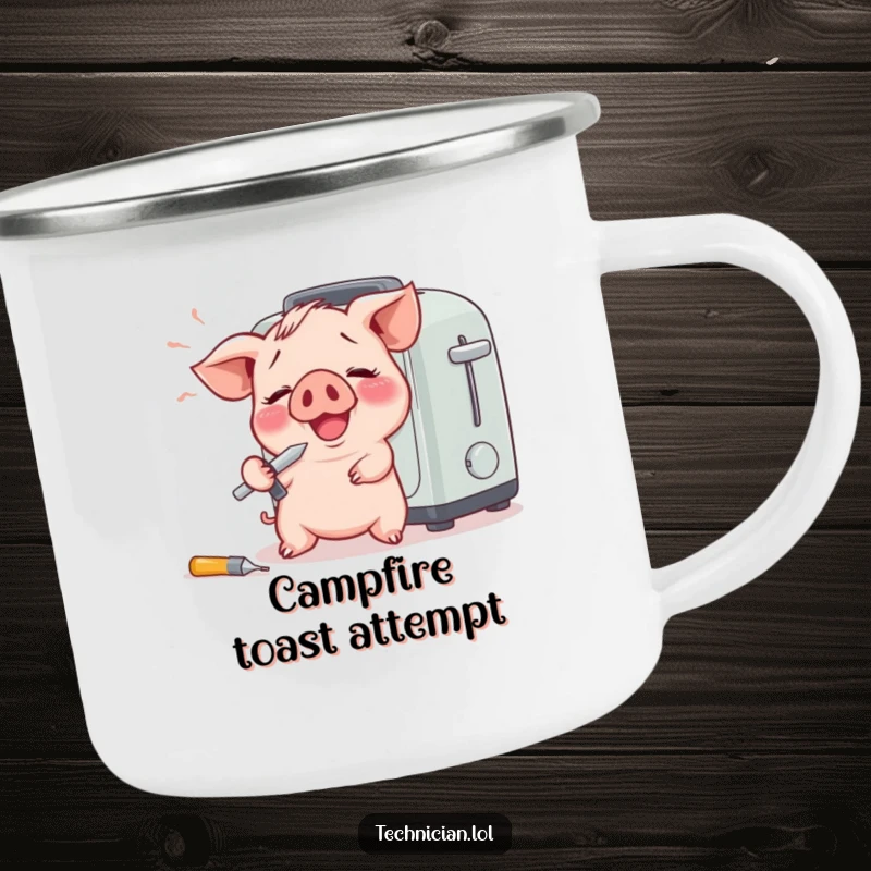 Funny camping mug with a giggling piglet and a screwdriver comically fixing a toaster, perfect for outdoor humor.