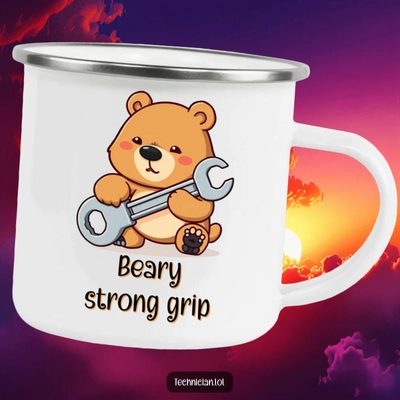 Funny Camping Mugs: A determined bear tightens a bolt with a large wrench, bringing rugged strength and mechanical humor to your outdoor coffee breaks.