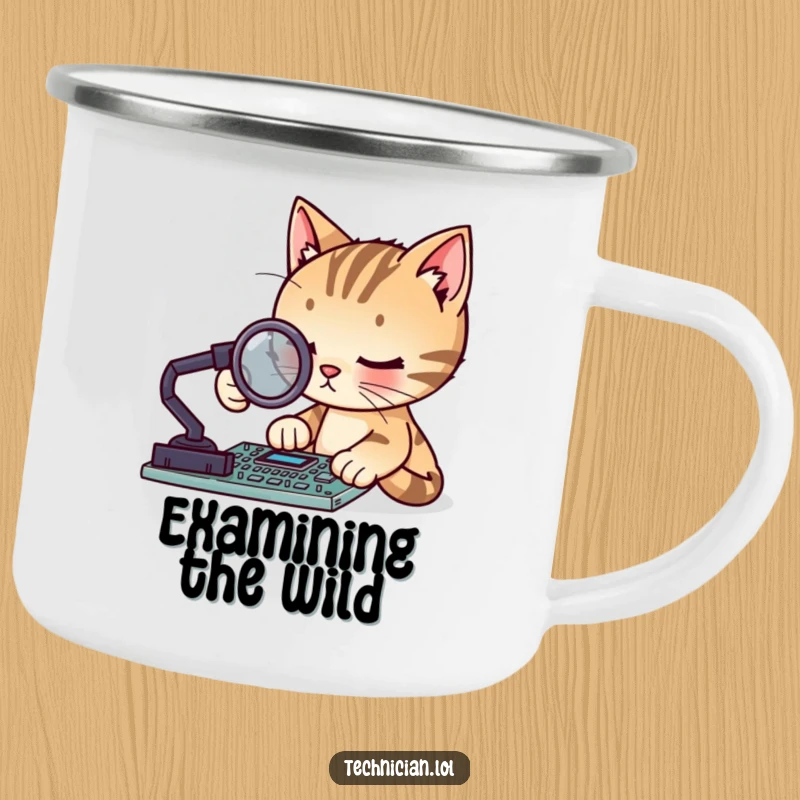 Funny focused cat with a magnifying glass examining a circuit board, on a rustic camping mug, great for outdoor funny gift.
