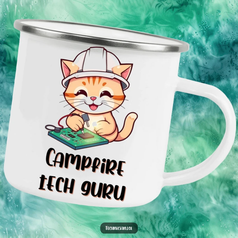Funny enamel camping mug with a cat soldering a circuit board, designed for outdoor humor and durability.