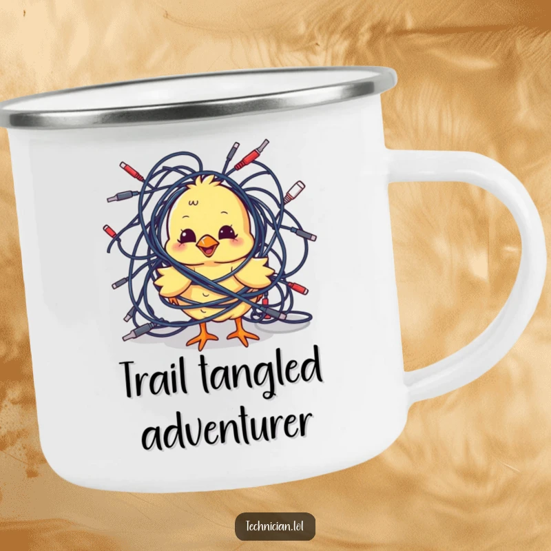 Funny Camping Mugs: A playful chick comically tangled in cables brings cute tech humor to your outdoor coffee breaks and adventures.