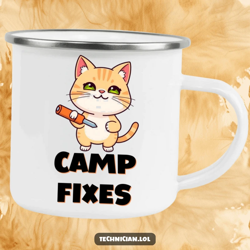 Funny camping mug with a smiling, determined cat holding a screwdriver, perfect for outdoor fun and a funny gift.