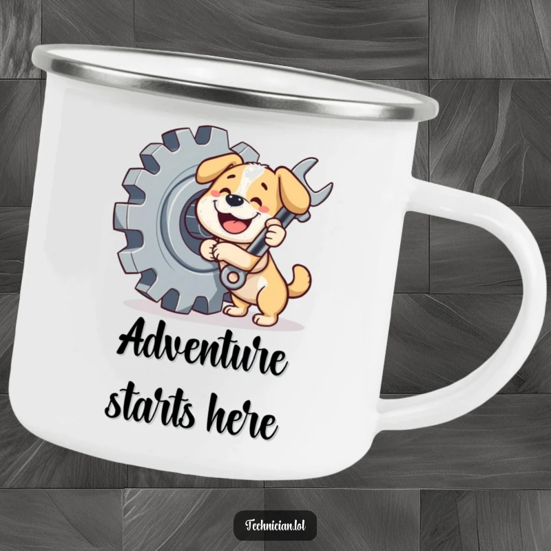 Funny dog camping mug, a happy dog mechanic with a wrench and gear, ready for the great outdoors.