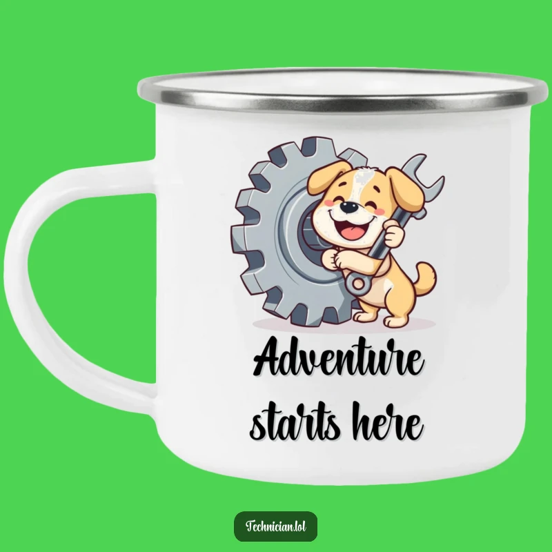 Funny Dog Camping Mug: Rugged mechanic pup for outdoor adventures, a durable funny gift.